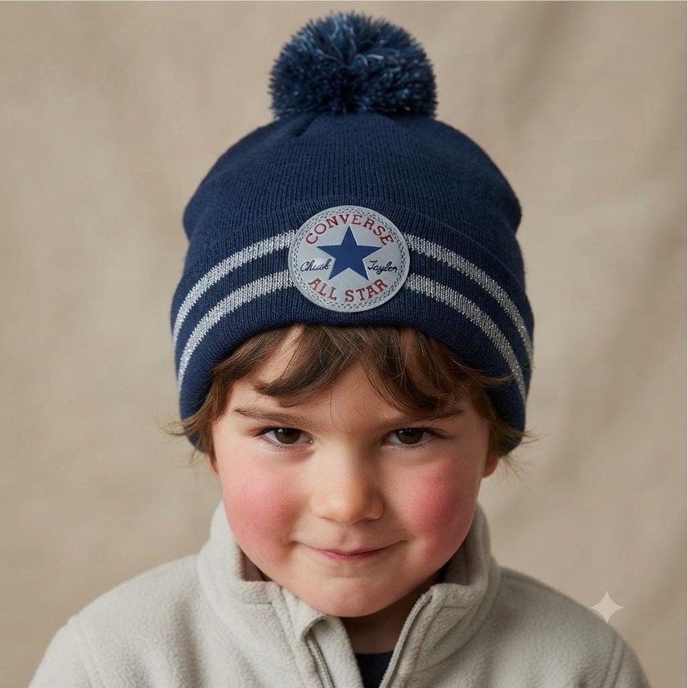 Converse All Star Kids‎ Pom Beanie Navy Blue Winter Hat Chuck Taylor Cap